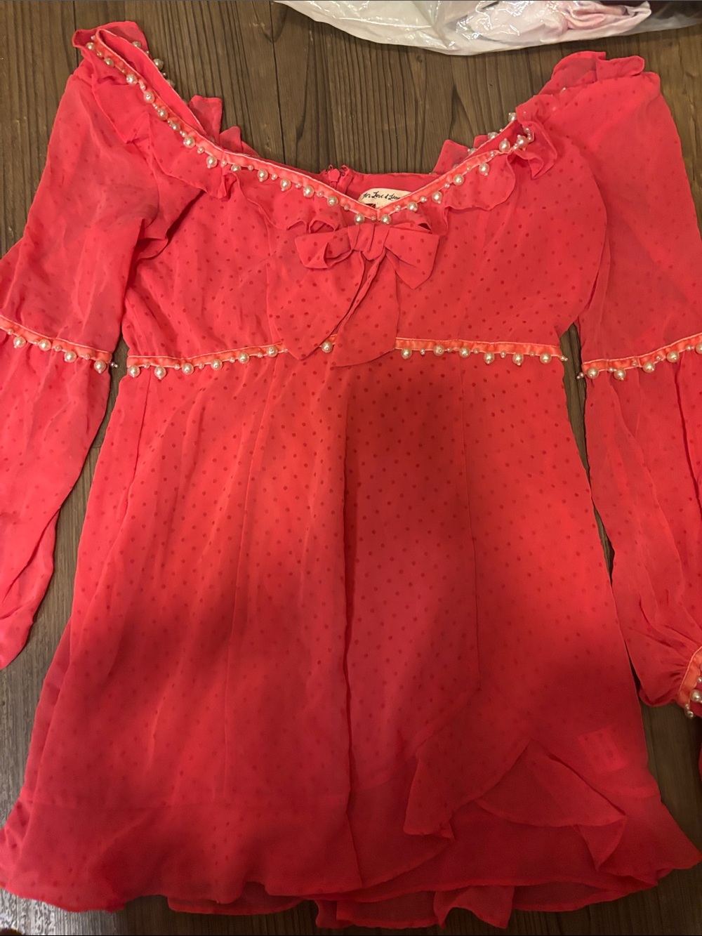 For Love and Lemons Coral Pink Dot Ruffle Dress with Pearl Trim